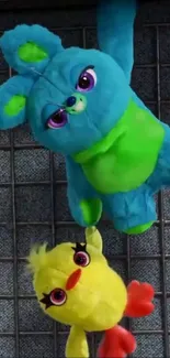 Cute plush toys in vibrant colors on display.