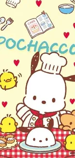 Pochacco in chef outfit with kitchen items, cute theme.