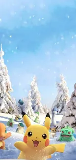 Vibrant winter Pokémon wallpaper with Pikachu and friends in a snowy landscape.