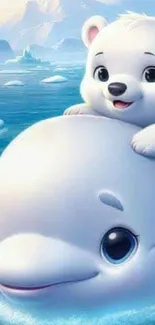 Cute polar bear cub on friendly whale in icy waters.