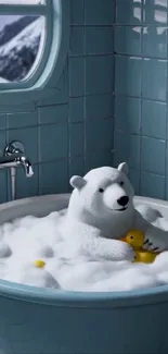 Polar bear in bathtub with rubber duck toys and fluffy bubbles.