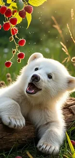 Playful polar bear cub with berries in nature.
