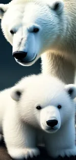 Polar bear mother and cub on a rocky surface in serene setting.