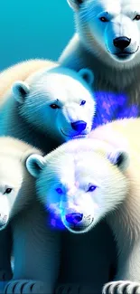 Polar bear family on snowy landscape, vibrant winter wallpaper.