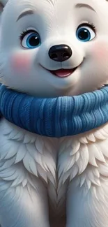 A cute cartoon polar bear wearing a blue scarf.