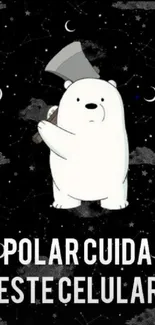 Cartoon polar bear with an axe against a starry sky on mobile wallpaper.