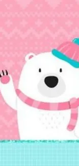 Cute polar bear in pink winter hat and scarf on pink background wallpaper.