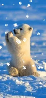 Cute polar bear on snowy blue background.