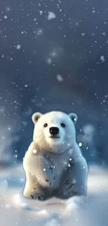 Cute polar bear sitting in snowy landscape mobile wallpaper.