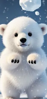 Adorable polar bear cub playing in the snow with a snowy background.