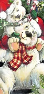 Adorable polar bears in festive hats with a candy cane.