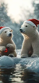 Polar bears wearing Santa hats on snow with festive background.