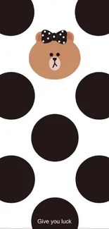 Cute polka dot bear wallpaper with black circles on white background.