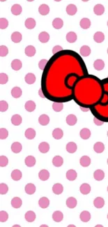 Cute wallpaper with red bow and pink polka dots on white background.