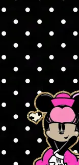 Cute cartoon wallpaper with black polka dots and pink accents.