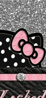 Black and pink polka dot cat wallpaper with silver glitter.