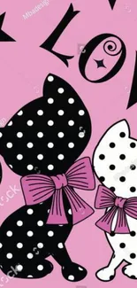 Polka dot cats with bows on pink background wallpaper.