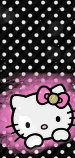 Cute character with pink bow on black polka dot background.