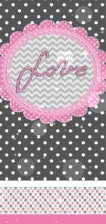 Polka dot wallpaper with pink love design and gray background.