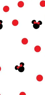 Cute mouse and polka dot wallpaper in red, black, and white.