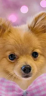 Cute Pomeranian puppy with pink bow on pink bokeh background.