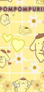 Cute Pompompurin wallpaper with yellow background and playful designs.