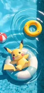 Cute Pikachu floating in a colorful pool.