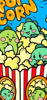 Cute dinosaur characters in popcorn theme on a blue mobile wallpaper.