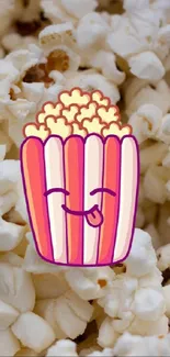 Cute cartoon popcorn box on fluffy popcorn background.