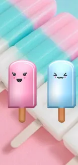 Cute pink and blue popsicle mobile wallpaper with kawaii cartoon faces.