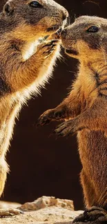 Two prairie dogs touching paws in a warm close-up shot.