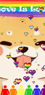 Adorable dog with rainbow hearts and 'Love is Love' message.