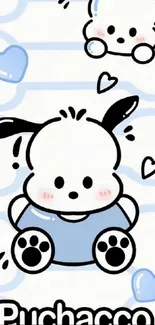 Cute Puchacco wallpaper with blue design and heart elements.