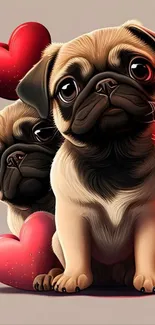 Adorable pug pair with heart accents