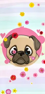 Cartoon pug on pastel striped background with pink hearts.