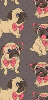 Cute cartoon pug wallpaper with pink glasses.