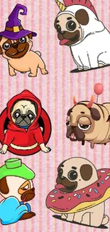 Cartoon pugs in costumes on pink striped background wallpaper.