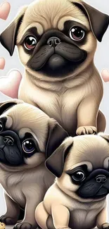 Illustrated cute pug dogs in a cartoon style.