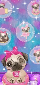 Cute pug fantasy wallpaper with vibrant colors and playful design.