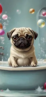 Pug in a bubble bath with colorful bubbles.