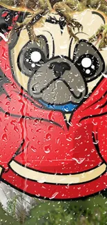 Cartoon pug in red raincoat mobile wallpaper.