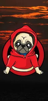 Cartoon pug in a red hoodie on a dark sunset background wallpaper.