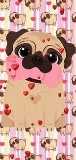 Cute cartoon pug with pink bow on heart patterned wallpaper.