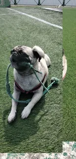 Cute pug with rope on green grass.