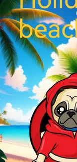 Pug in red outfit on a sunny tropical beach with palm trees.