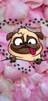 Cartoon pug on pink rose petals background.