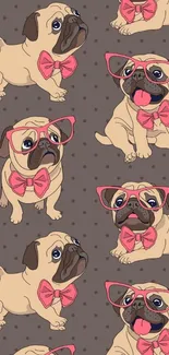 Cute cartoon pugs with glasses and bow ties on brown wallpaper.