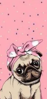 Cute pug on a pink polka dot background perfect for mobile wallpaper.