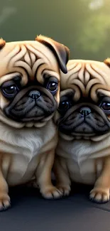 Adorable pug puppies sitting together with a green backdrop on a mobile wallpaper.