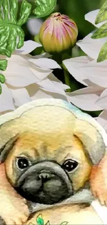 Cute pug nestled among white blooming flowers on a green leafy background.